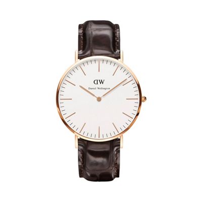 Gents rose gold york brown leather strap watch 0111dw